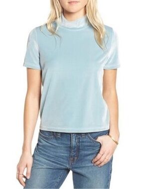 Madewell Velvet Mock Neck Teal Blue Boxy tee Sz Sm EUC